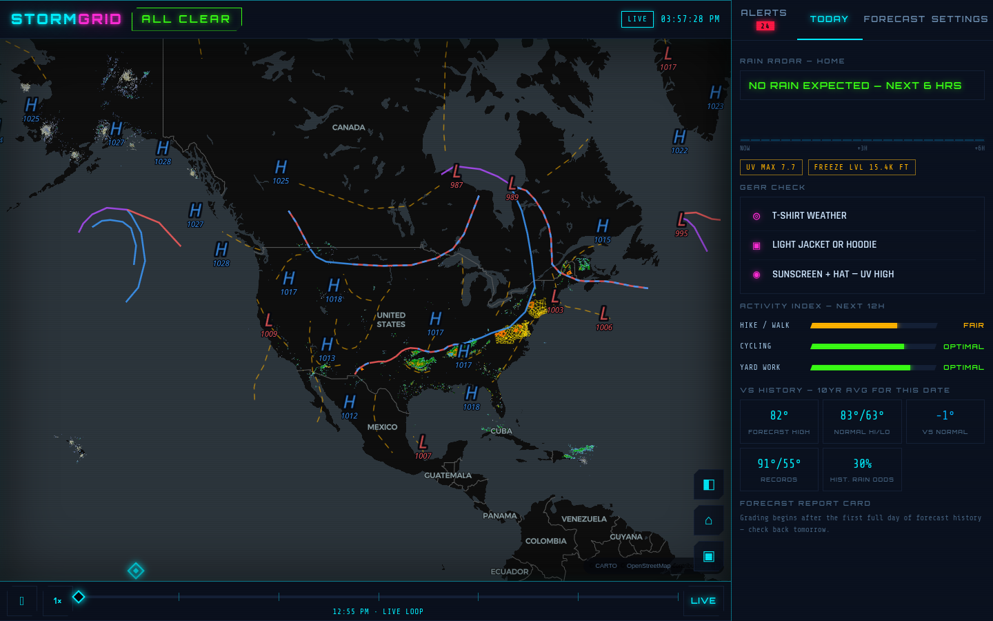 STORMGRID live radar console with fronts, storm cells, and the TODAY panel